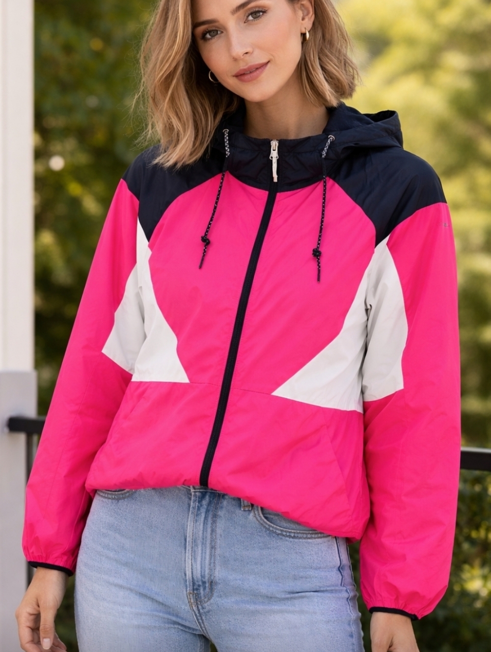 Columbia Pink Colorblock Fleece Lined Hooded Full Zip Jacket Coat Womens Medium